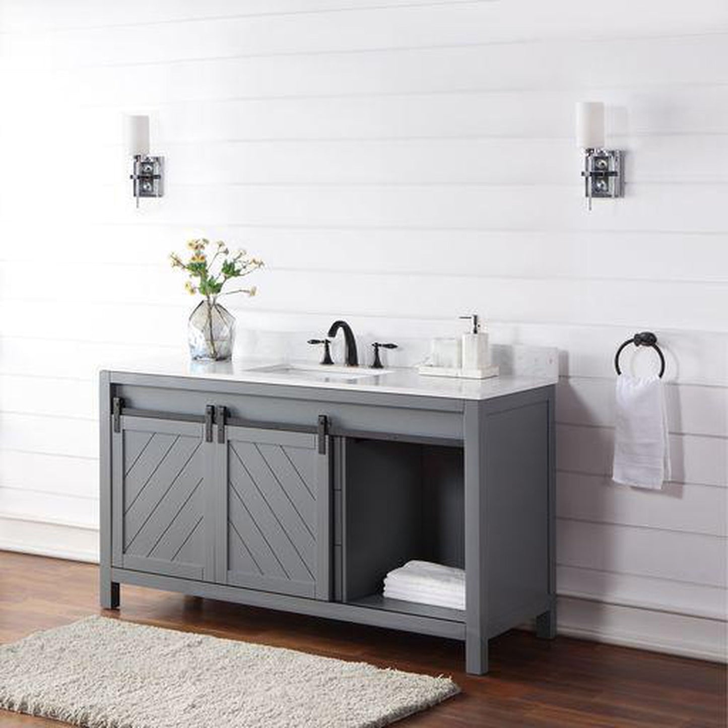 Altair Kinsley 60" Single Gray Freestanding Bathroom Vanity Set With Aosta White Composite Stone Top, Rectangular Undermount Ceramic Sink, and Overflow