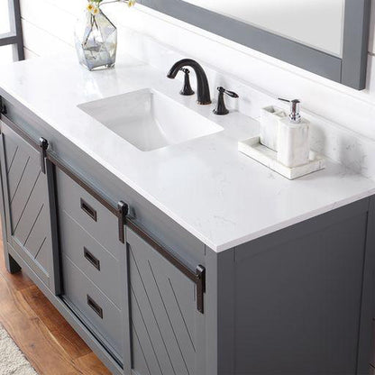 Altair Kinsley 60" Single Gray Freestanding Bathroom Vanity Set With Mirror, Aosta White Composite Stone Top, Rectangular Undermount Ceramic Sink, and Overflow