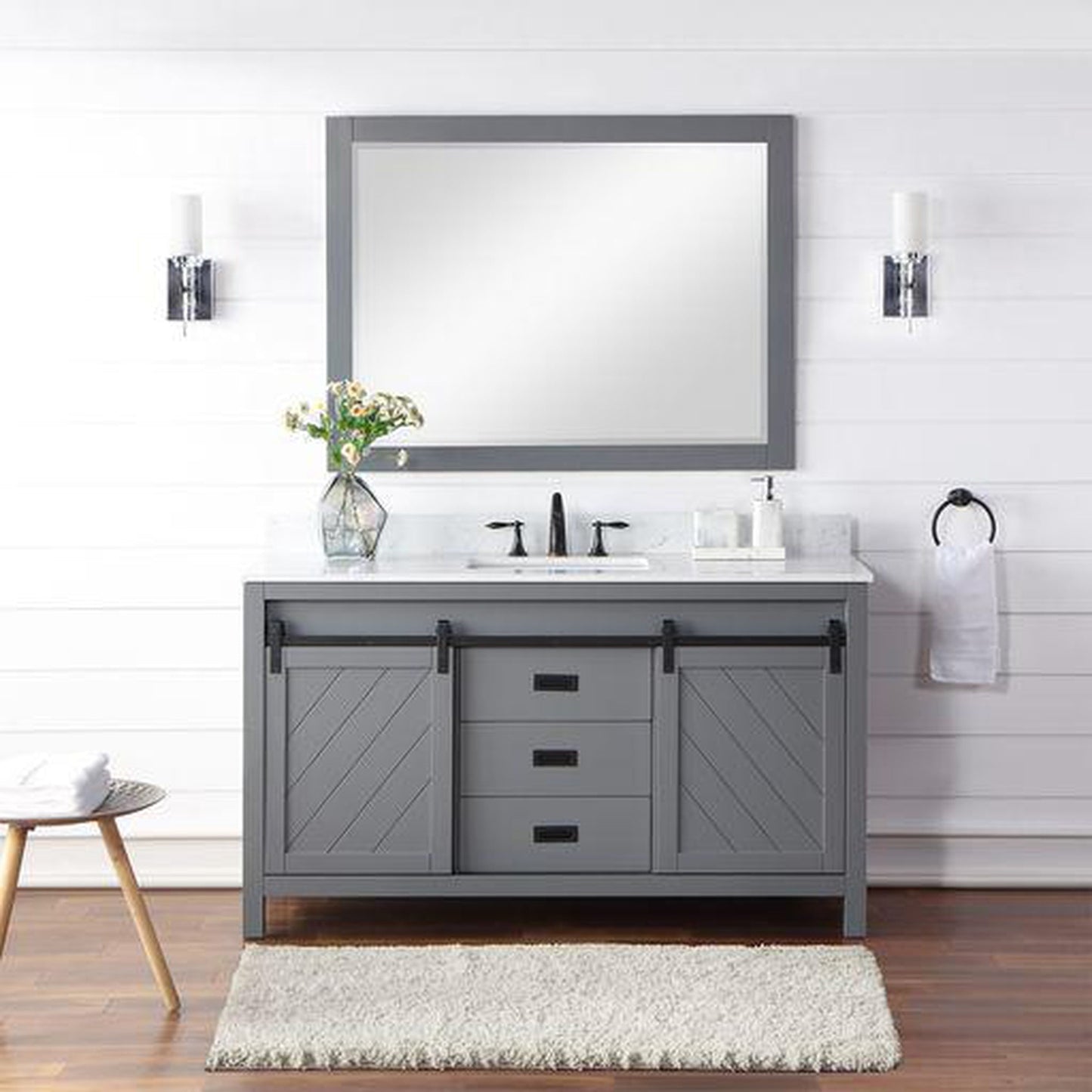 Altair Kinsley 60" Single Gray Freestanding Bathroom Vanity Set With Mirror, Aosta White Composite Stone Top, Rectangular Undermount Ceramic Sink, and Overflow