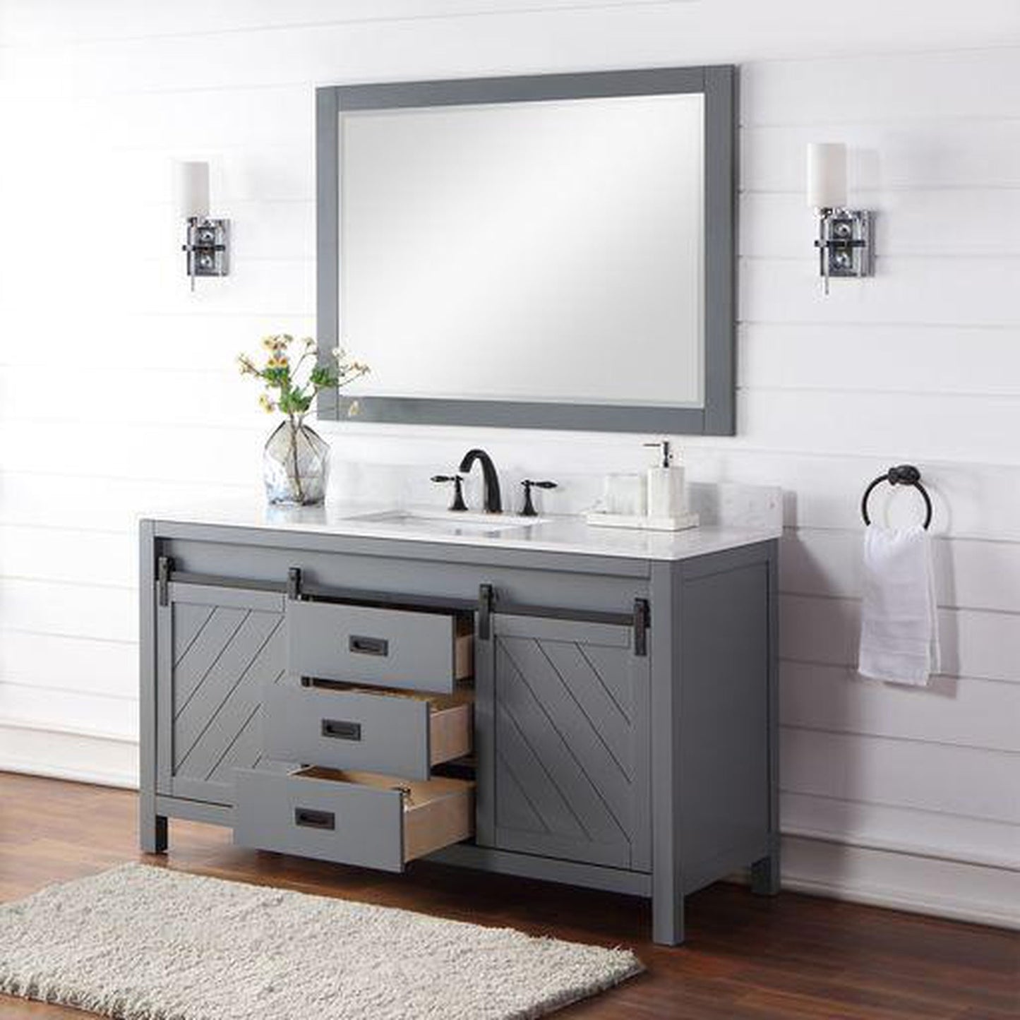 Altair Kinsley 60" Single Gray Freestanding Bathroom Vanity Set With Mirror, Aosta White Composite Stone Top, Rectangular Undermount Ceramic Sink, and Overflow