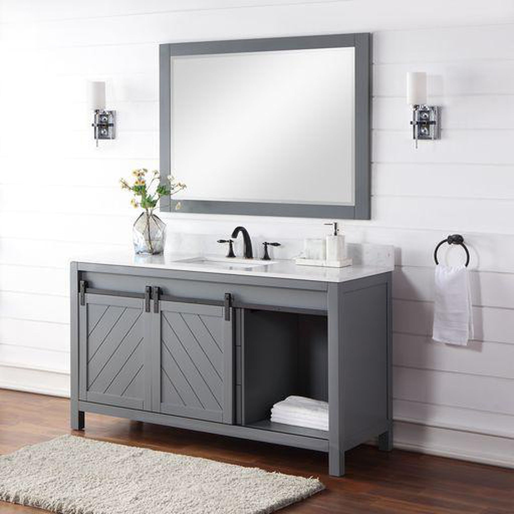 Altair Kinsley 60" Single Gray Freestanding Bathroom Vanity Set With Mirror, Aosta White Composite Stone Top, Rectangular Undermount Ceramic Sink, and Overflow