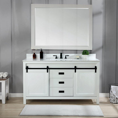 Altair Kinsley 60" Single White Freestanding Bathroom Vanity Set With Mirror, Aosta White Composite Stone Top Rectangular Undermount Ceramic Sink, Overflow, and Backsplash