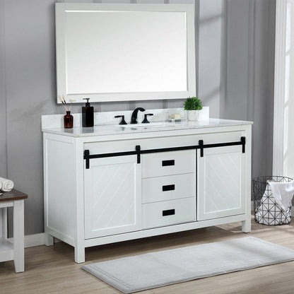 Altair Kinsley 60" Single White Freestanding Bathroom Vanity Set With Mirror, Aosta White Composite Stone Top Rectangular Undermount Ceramic Sink, Overflow, and Backsplash