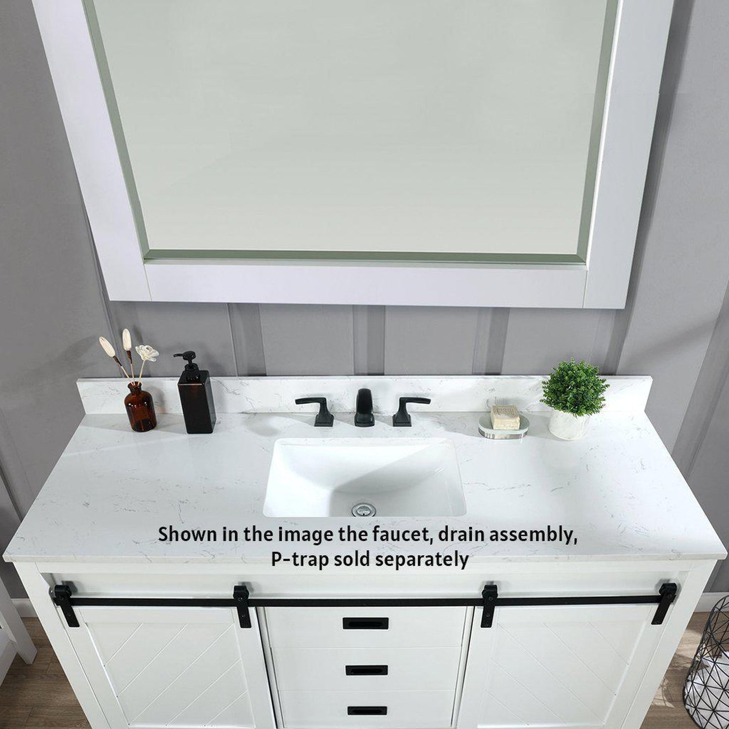 Altair Kinsley 60" Single White Freestanding Bathroom Vanity Set With Mirror, Aosta White Composite Stone Top Rectangular Undermount Ceramic Sink, Overflow, and Backsplash