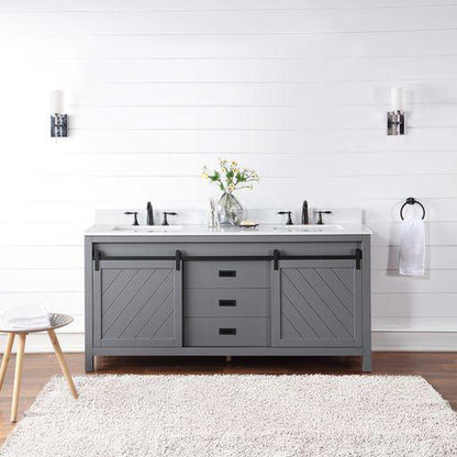 Altair Kinsley 72" Double Gray Freestanding Bathroom Vanity Set With Aosta White Composite Stone Top, Two Rectangular Undermount Ceramic Sinks, and Overflow