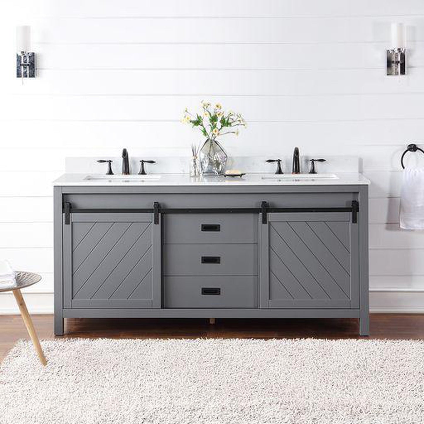 Altair Kinsley 72" Double Gray Freestanding Bathroom Vanity Set With Aosta White Composite Stone Top, Two Rectangular Undermount Ceramic Sinks, and Overflow