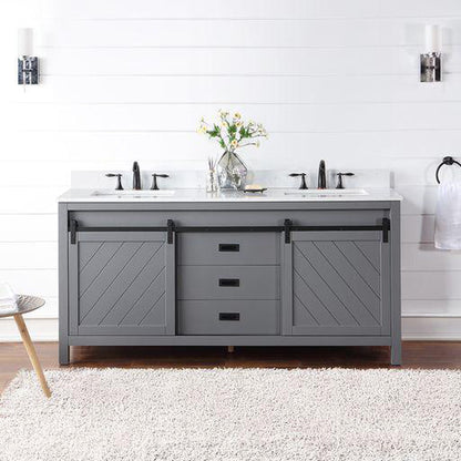 Altair Kinsley 72" Double Gray Freestanding Bathroom Vanity Set With Aosta White Composite Stone Top, Two Rectangular Undermount Ceramic Sinks, and Overflow