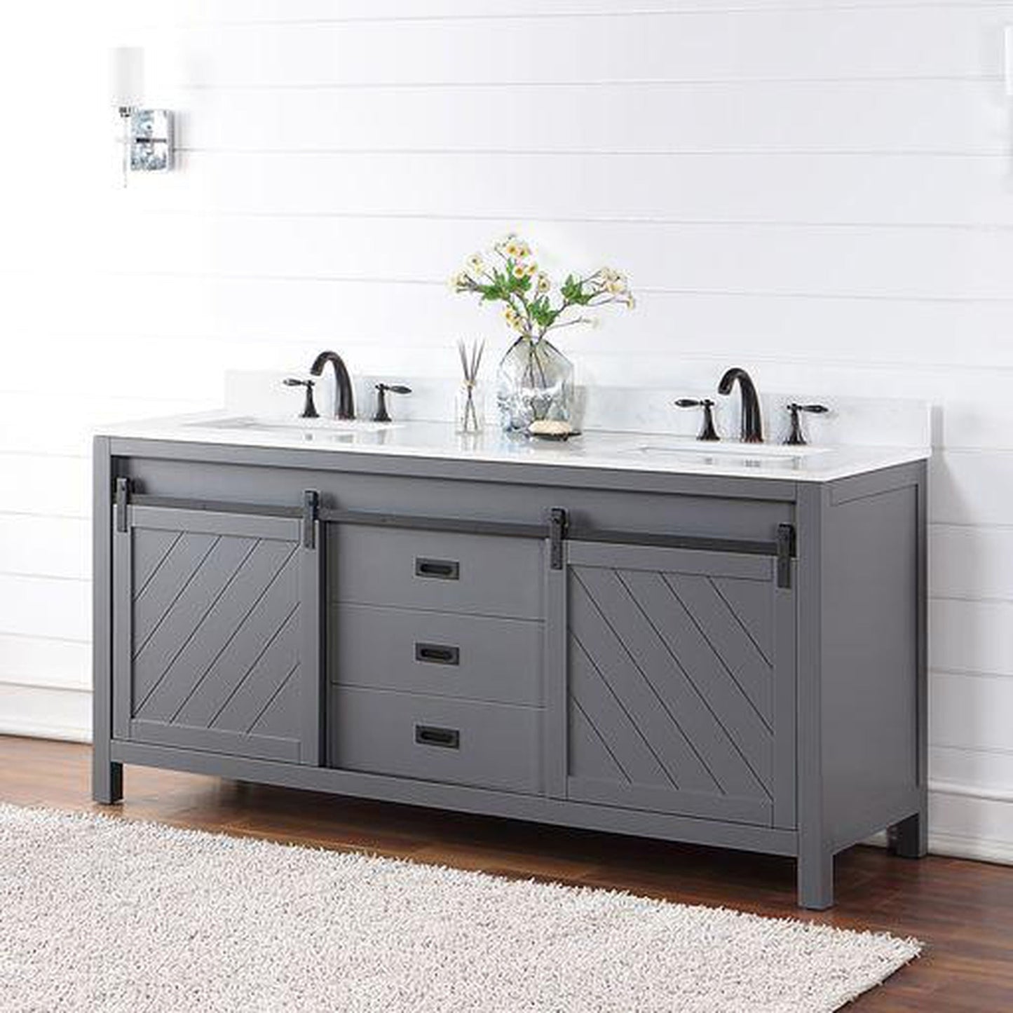 Altair Kinsley 72" Double Gray Freestanding Bathroom Vanity Set With Aosta White Composite Stone Top, Two Rectangular Undermount Ceramic Sinks, and Overflow