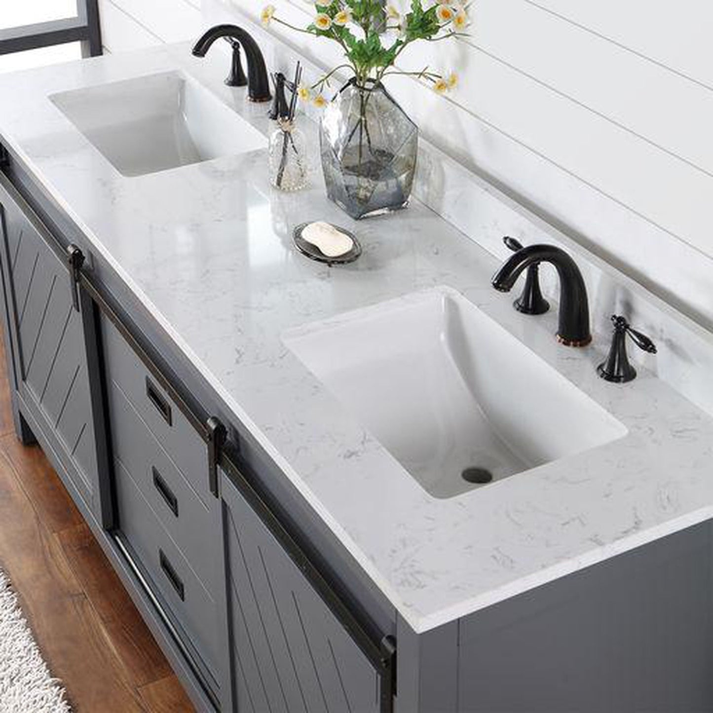 Altair Kinsley 72" Double Gray Freestanding Bathroom Vanity Set With Aosta White Composite Stone Top, Two Rectangular Undermount Ceramic Sinks, and Overflow