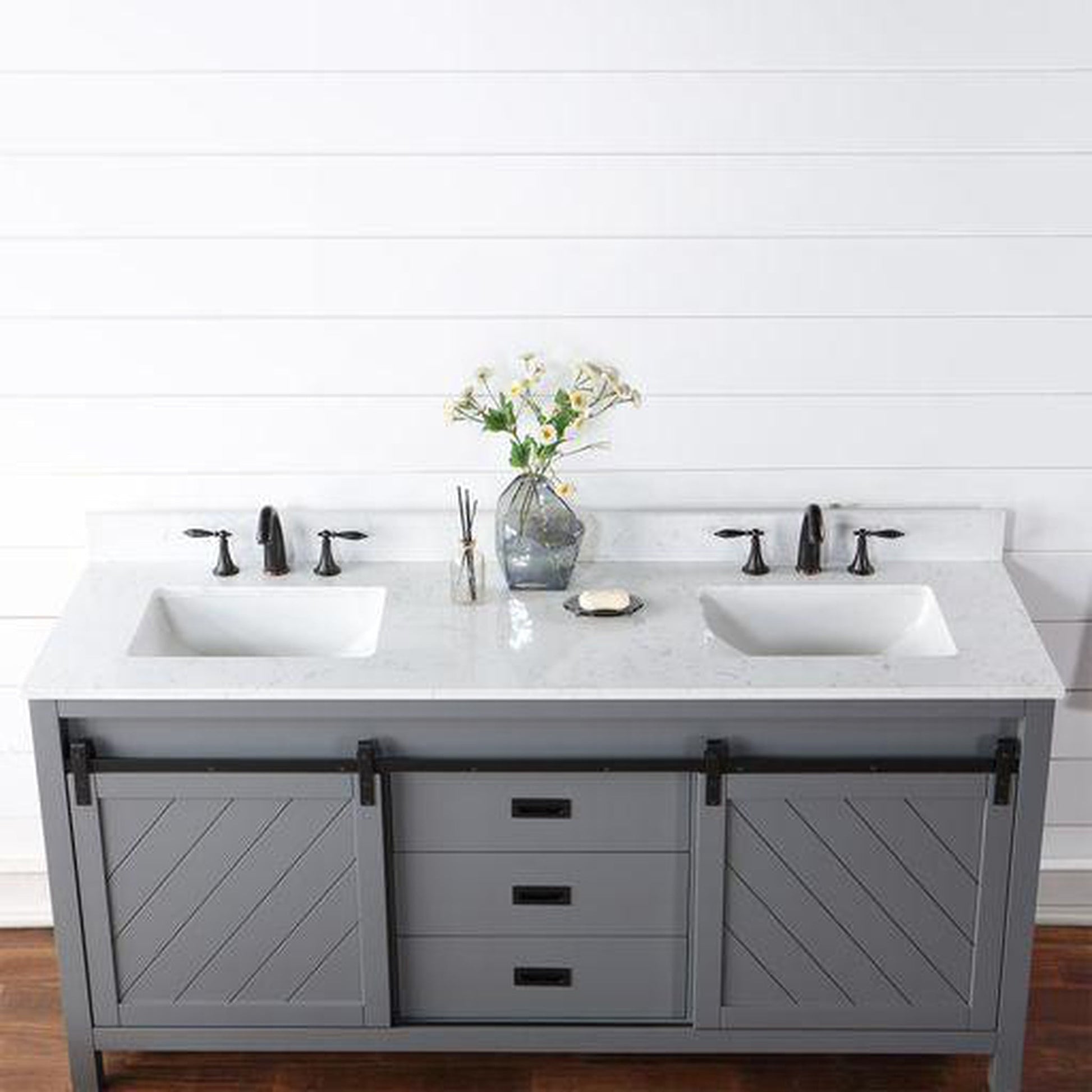 Altair Kinsley 72" Double Gray Freestanding Bathroom Vanity Set With Aosta White Composite Stone Top, Two Rectangular Undermount Ceramic Sinks, and Overflow