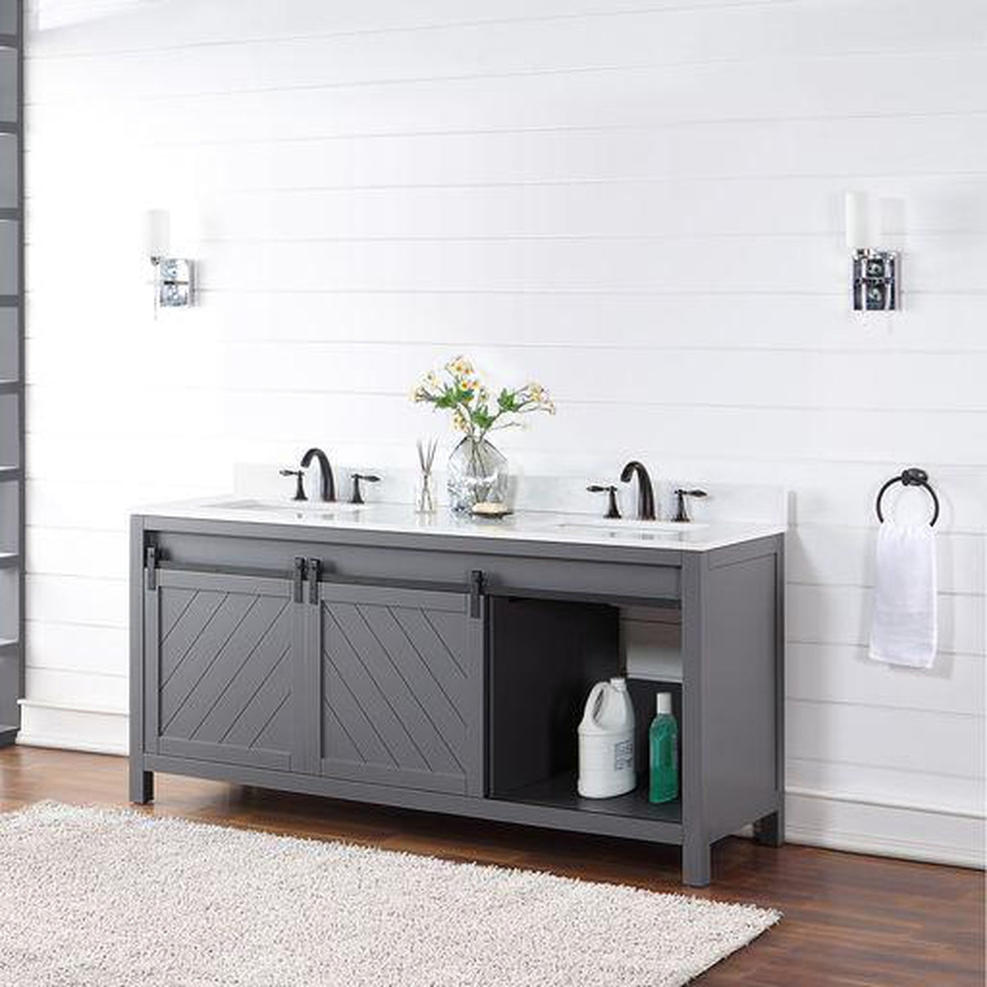 Altair Kinsley 72" Double Gray Freestanding Bathroom Vanity Set With Aosta White Composite Stone Top, Two Rectangular Undermount Ceramic Sinks, and Overflow