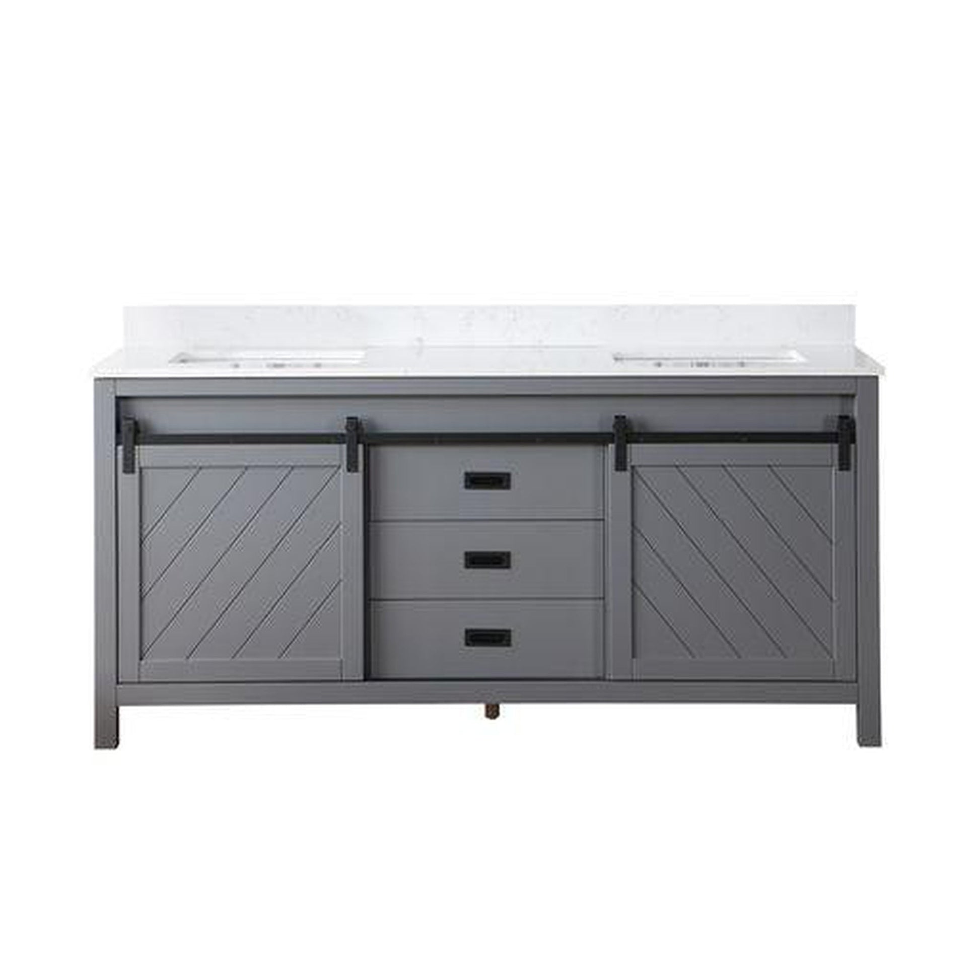 Altair Kinsley 72" Double Gray Freestanding Bathroom Vanity Set With Aosta White Composite Stone Top, Two Rectangular Undermount Ceramic Sinks, and Overflow