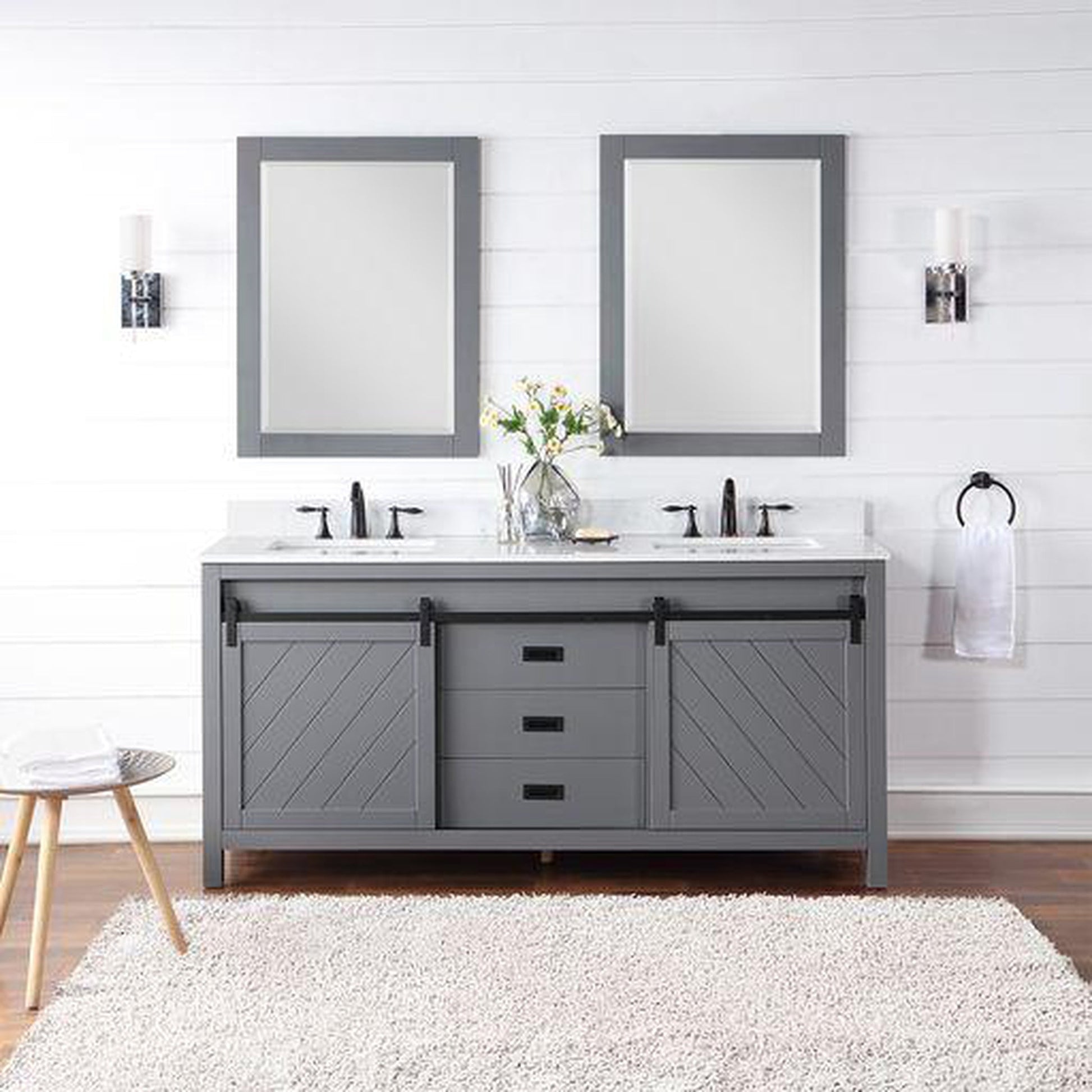 Altair Kinsley 72" Double Gray Freestanding Bathroom Vanity Set With Mirror, Aosta White Composite Stone Top, Two Rectangular Undermount Ceramic Sinks, and Overflow