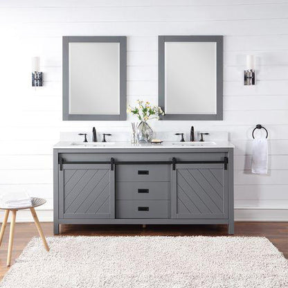 Altair Kinsley 72" Double Gray Freestanding Bathroom Vanity Set With Mirror, Aosta White Composite Stone Top, Two Rectangular Undermount Ceramic Sinks, and Overflow