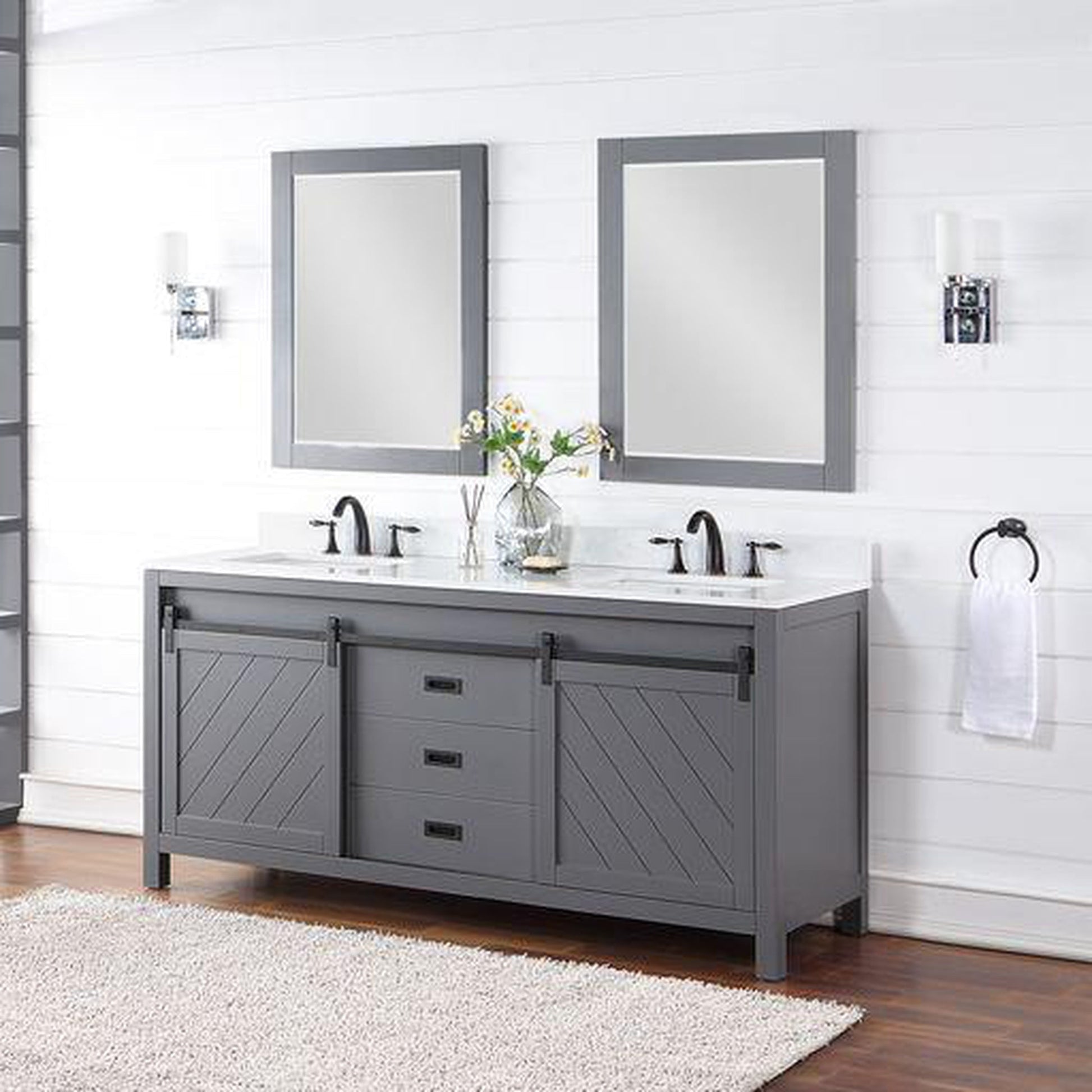 Altair Kinsley 72" Double Gray Freestanding Bathroom Vanity Set With Mirror, Aosta White Composite Stone Top, Two Rectangular Undermount Ceramic Sinks, and Overflow