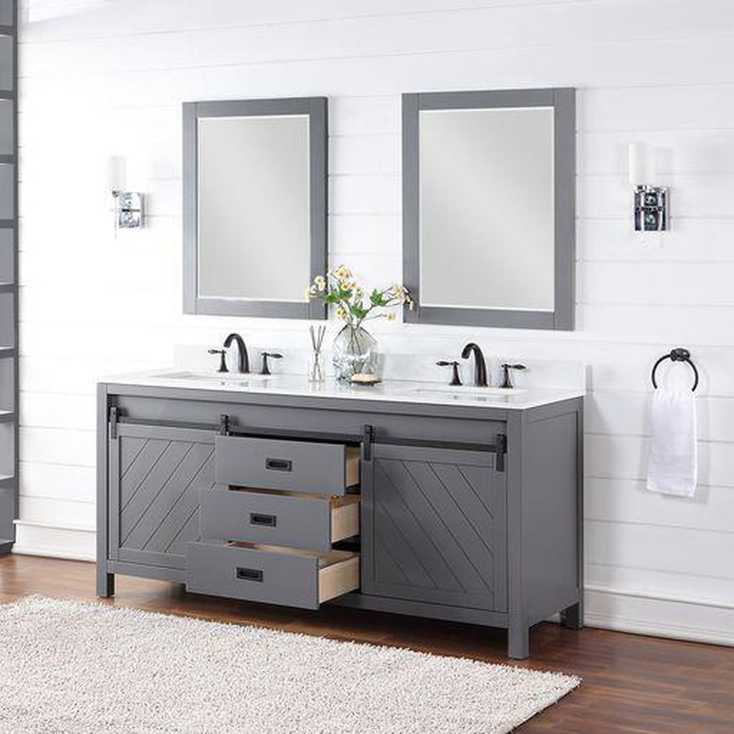 Altair Kinsley 72" Double Gray Freestanding Bathroom Vanity Set With Mirror, Aosta White Composite Stone Top, Two Rectangular Undermount Ceramic Sinks, and Overflow