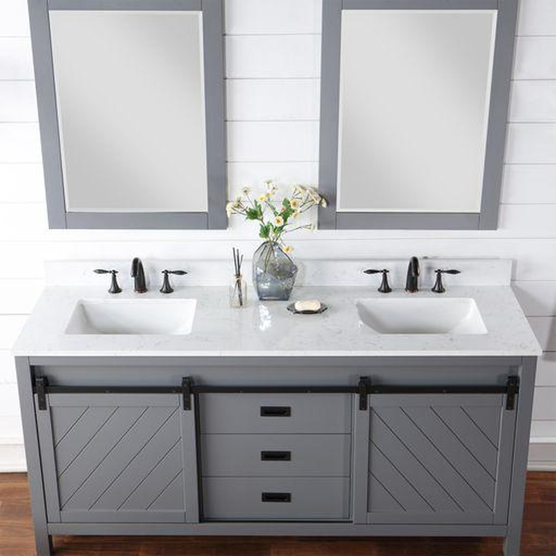 Altair Kinsley 72" Double Gray Freestanding Bathroom Vanity Set With Mirror, Aosta White Composite Stone Top, Two Rectangular Undermount Ceramic Sinks, and Overflow