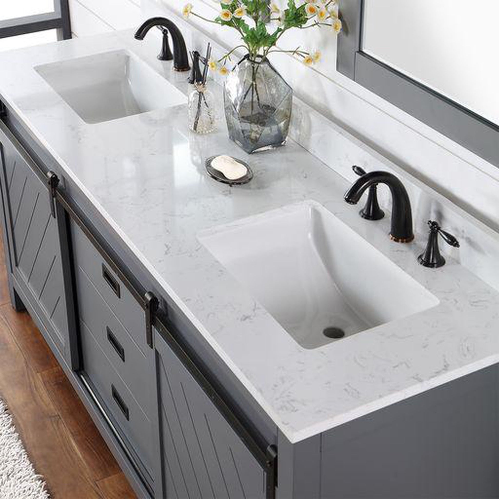 Altair Kinsley 72" Double Gray Freestanding Bathroom Vanity Set With Mirror, Aosta White Composite Stone Top, Two Rectangular Undermount Ceramic Sinks, and Overflow