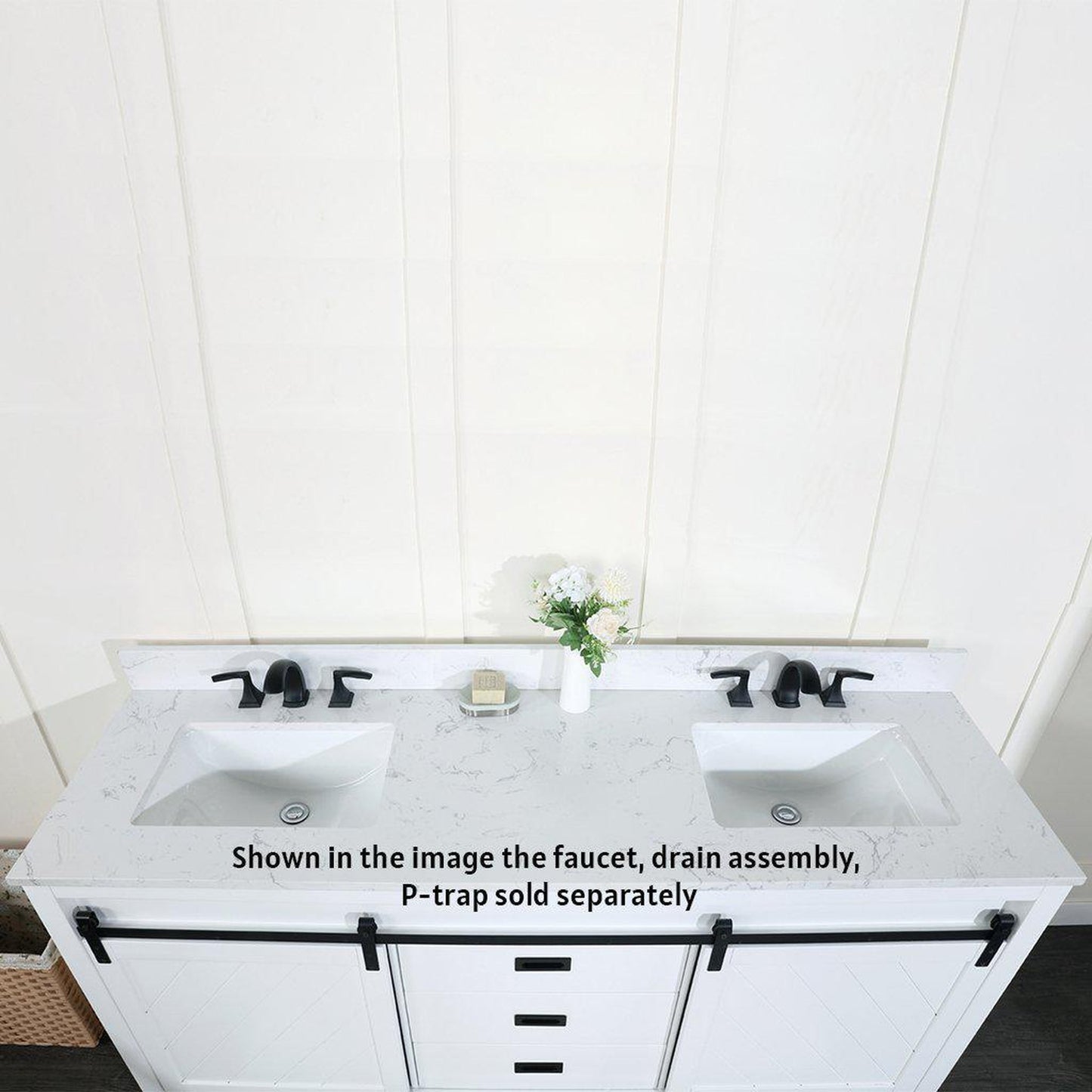 Altair Kinsley 72" Double White Freestanding Bathroom Vanity Set With Aosta White Composite Stone Top Two Rectangular Undermount Ceramic Sinks, Overflow, and Backsplash