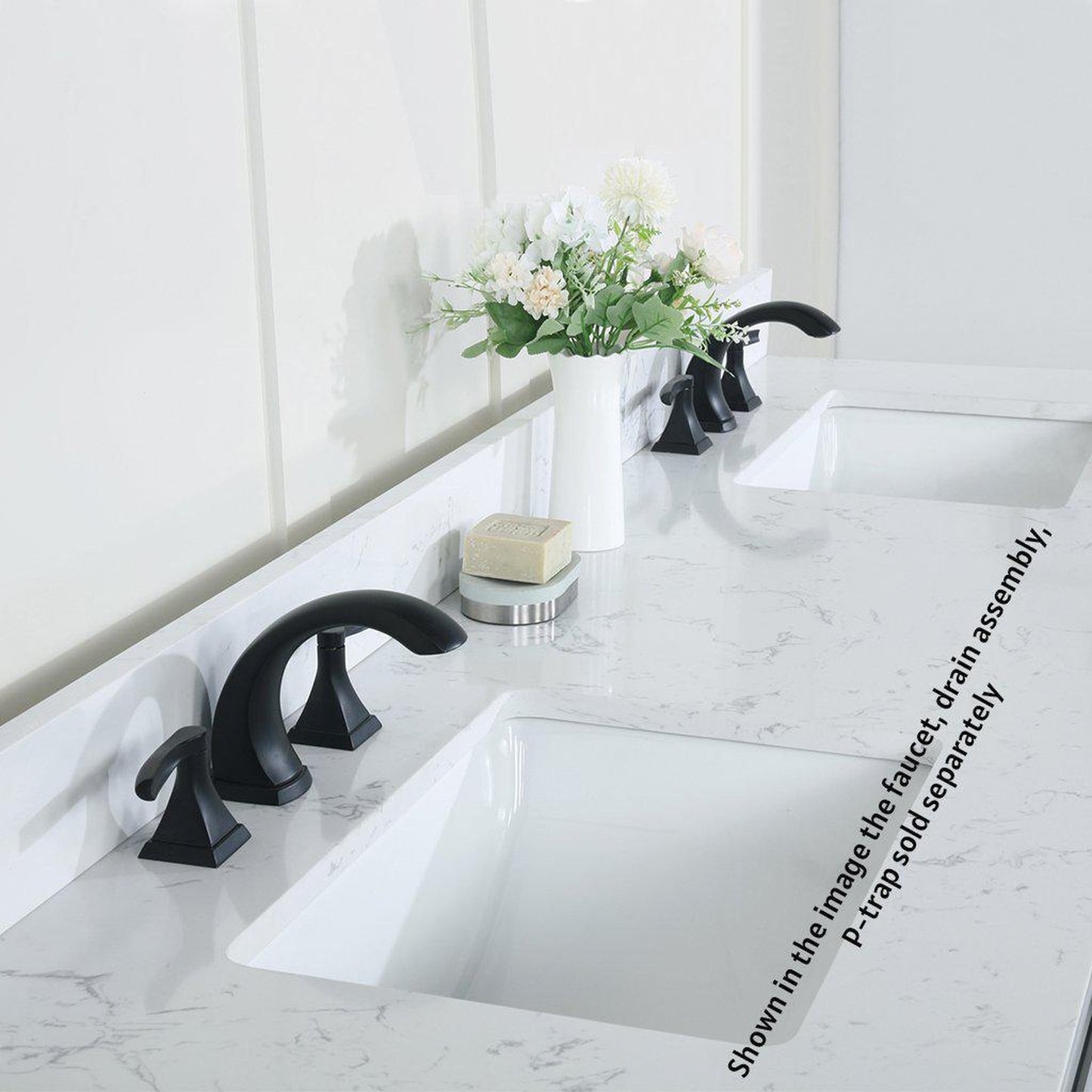 Altair Kinsley 72" Double White Freestanding Bathroom Vanity Set With Aosta White Composite Stone Top Two Rectangular Undermount Ceramic Sinks, Overflow, and Backsplash