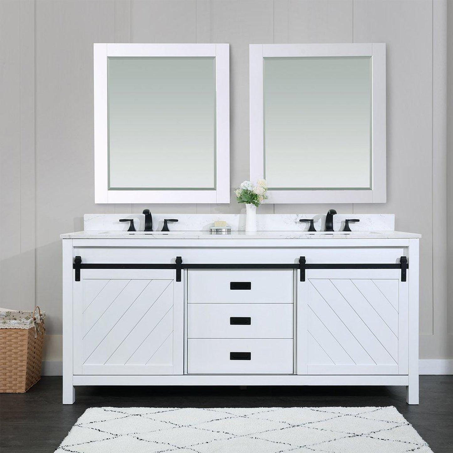 Altair Kinsley 72" Double White Freestanding Bathroom Vanity Set With Mirror, Aosta White Composite Stone Top Two Rectangular Undermount Ceramic Sinks, Overflow, and Backsplash