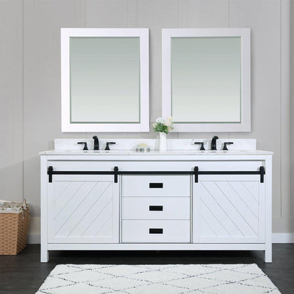 Altair Kinsley 72" Double White Freestanding Bathroom Vanity Set With Mirror, Aosta White Composite Stone Top Two Rectangular Undermount Ceramic Sinks, Overflow, and Backsplash
