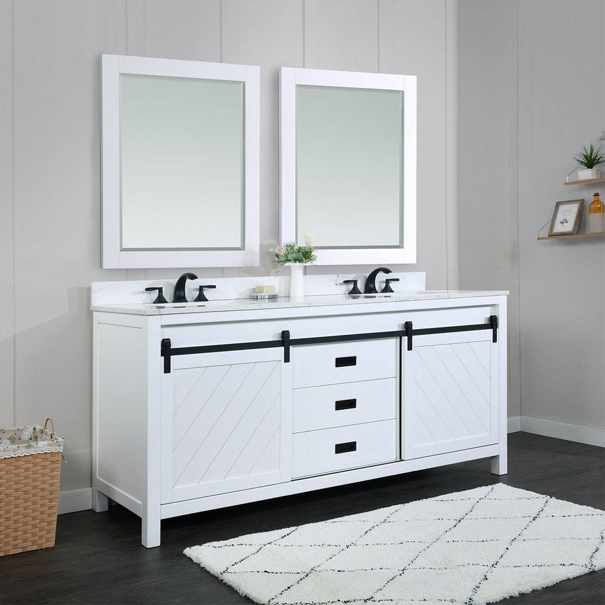 Altair Kinsley 72" Double White Freestanding Bathroom Vanity Set With Mirror, Aosta White Composite Stone Top Two Rectangular Undermount Ceramic Sinks, Overflow, and Backsplash