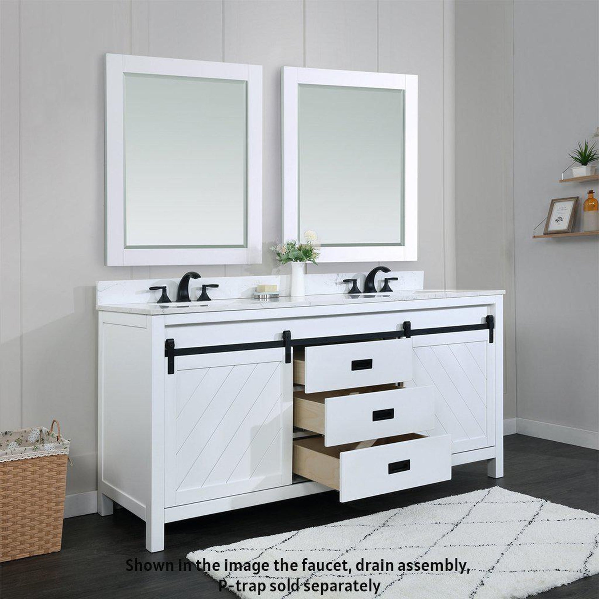 Altair Kinsley 72" Double White Freestanding Bathroom Vanity Set With Mirror, Aosta White Composite Stone Top Two Rectangular Undermount Ceramic Sinks, Overflow, and Backsplash