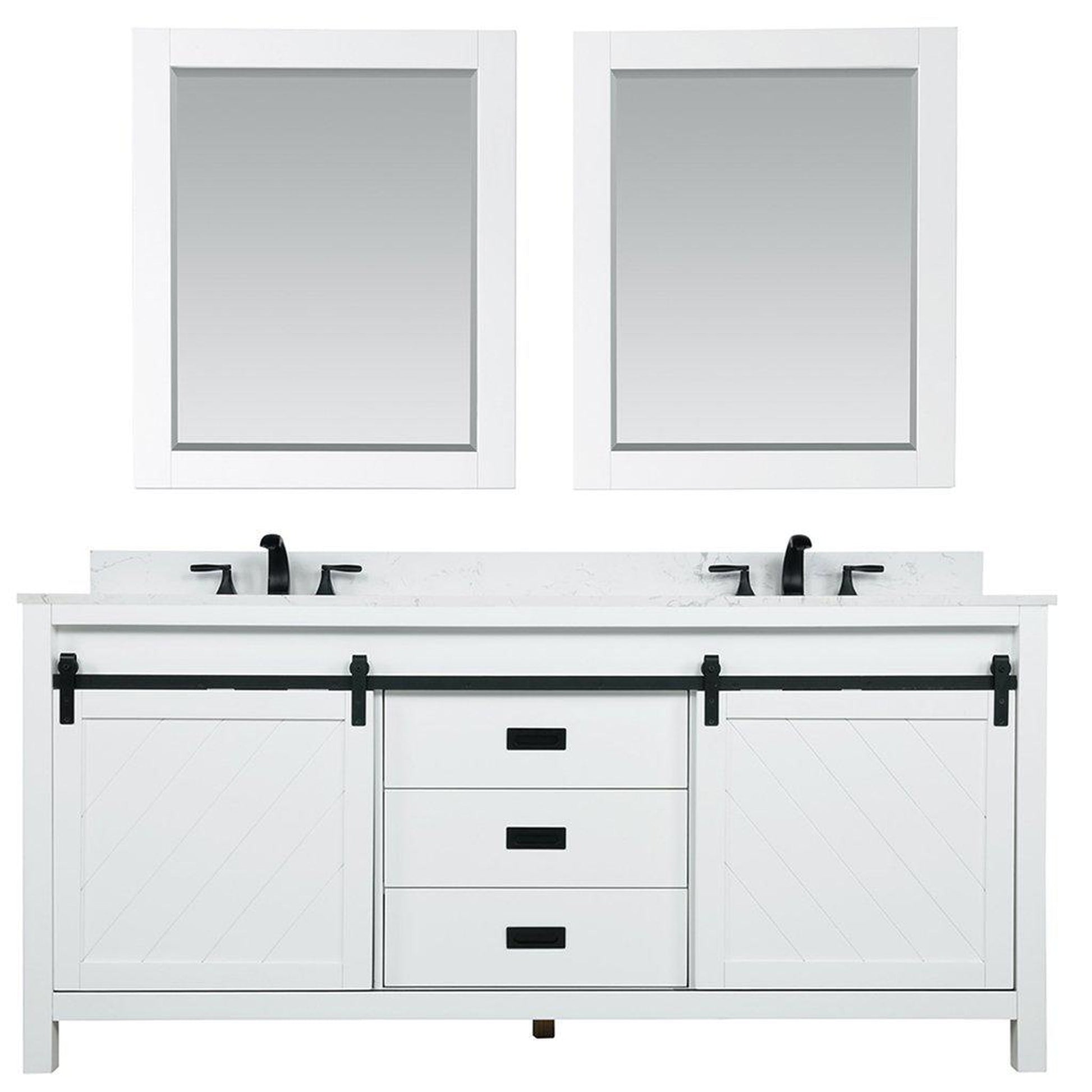 Altair Kinsley 72" Double White Freestanding Bathroom Vanity Set With Mirror, Aosta White Composite Stone Top Two Rectangular Undermount Ceramic Sinks, Overflow, and Backsplash