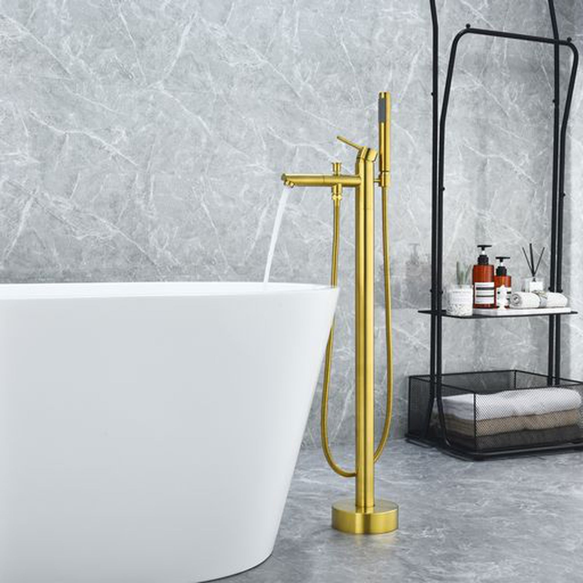 Altair Larod Brushed Gold Single Lever Handle Freestanding Bathtub Faucet With Handshower