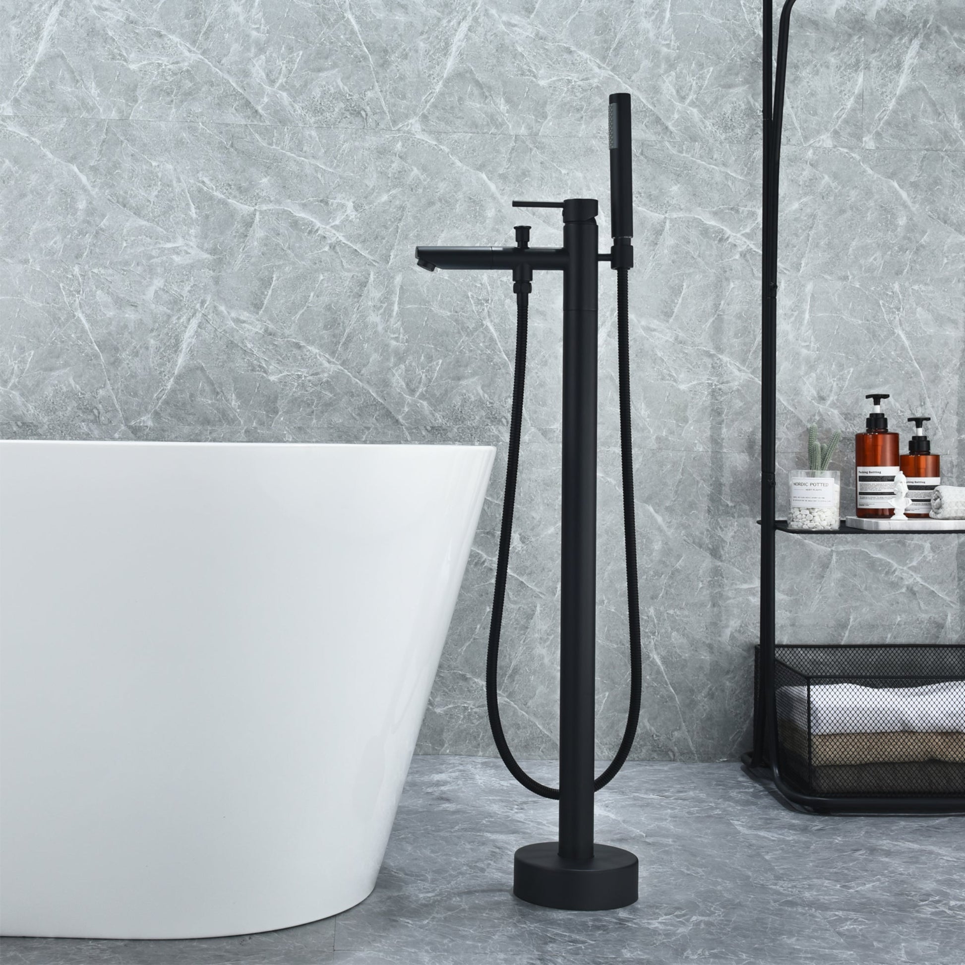 Altair Larod Matte Black Single Lever Handle Freestanding Bathtub Faucet With Handshower