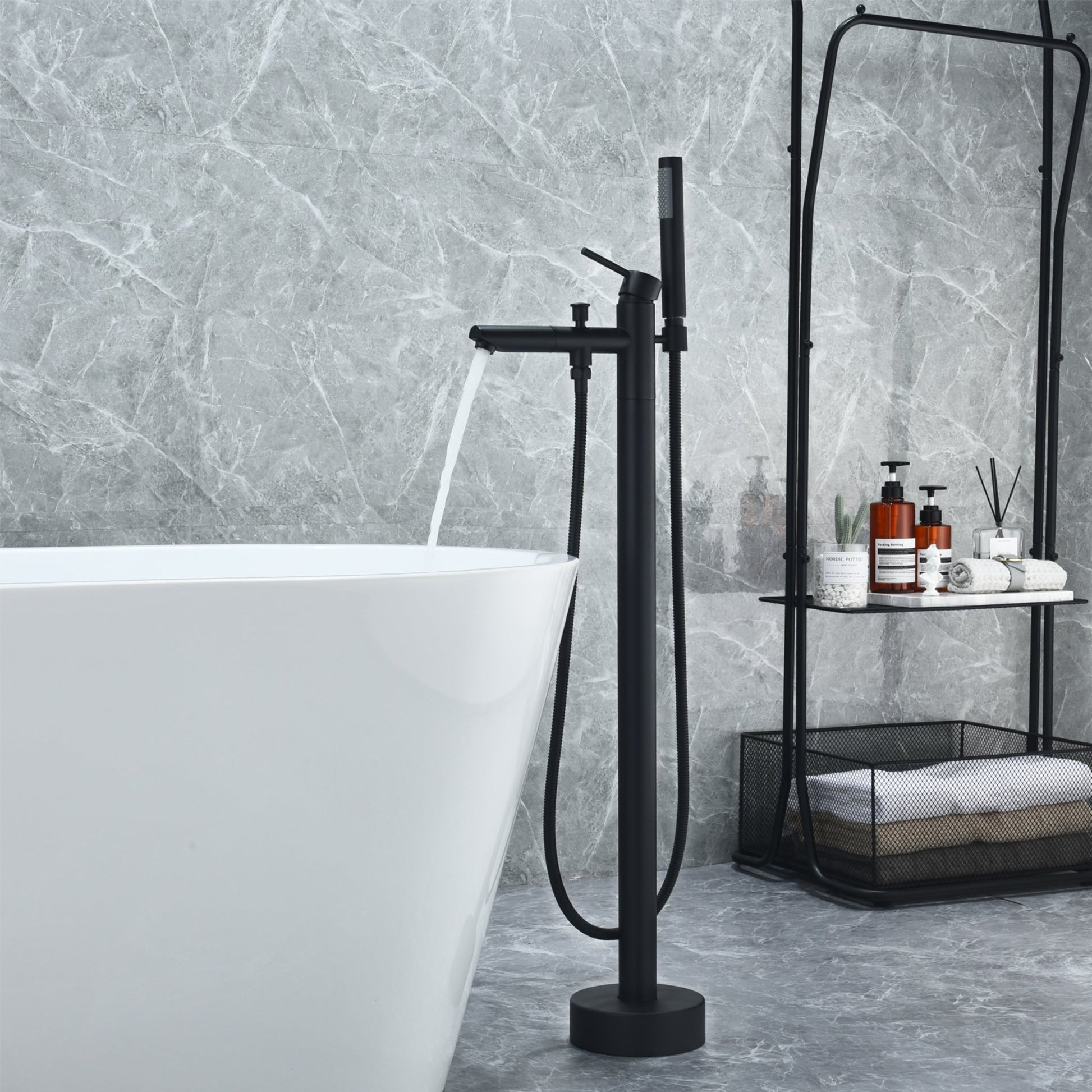 Altair Larod Matte Black Single Lever Handle Freestanding Bathtub Faucet With Handshower