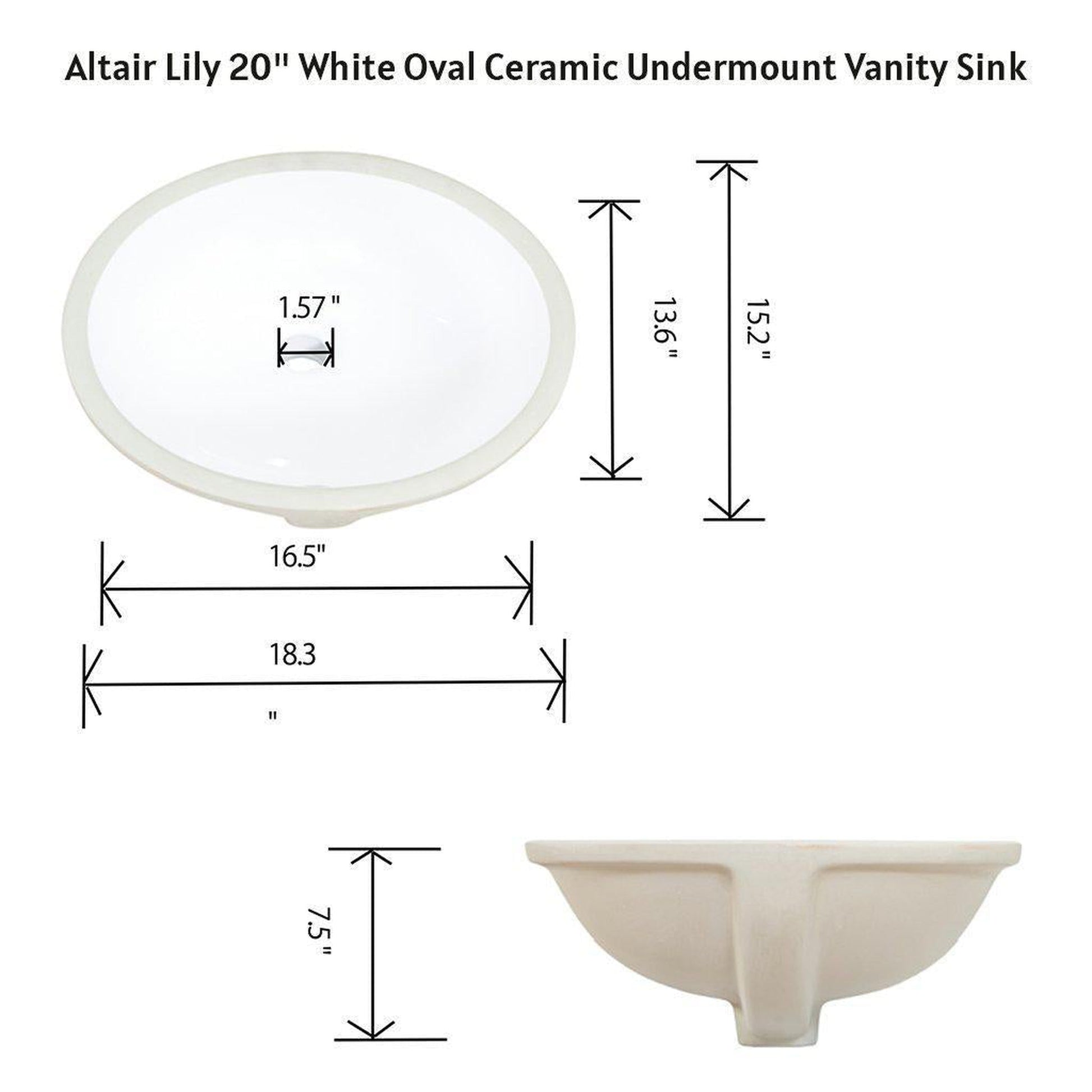 Altair Lily 20" Oval White Ceramic Undermount Sink