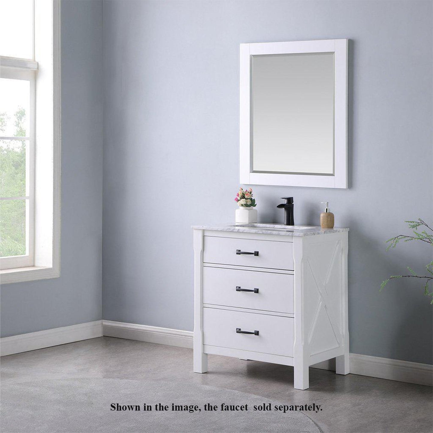 Altair Maribella 30" Single White Freestanding Bathroom Vanity Set With Mirror, Natural Carrara White Marble Top, Rectangular Undermount Ceramic Sink, and Overflow