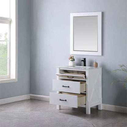 Altair Maribella 30" Single White Freestanding Bathroom Vanity Set With Mirror, Natural Carrara White Marble Top, Rectangular Undermount Ceramic Sink, and Overflow