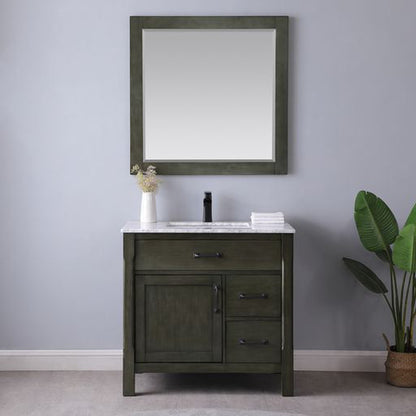 Altair Maribella 36" Single Rust Black Freestanding Bathroom Vanity Set With Mirror, Natural Carrara White Marble Top, Rectangular Undermount Ceramic Sink, and Overflow