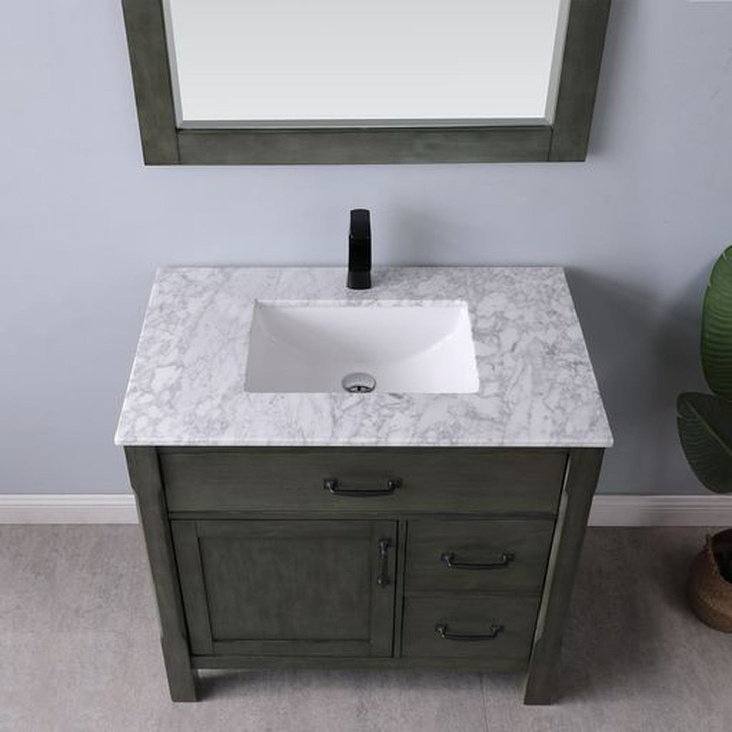 Altair Maribella 36" Single Rust Black Freestanding Bathroom Vanity Set With Mirror, Natural Carrara White Marble Top, Rectangular Undermount Ceramic Sink, and Overflow