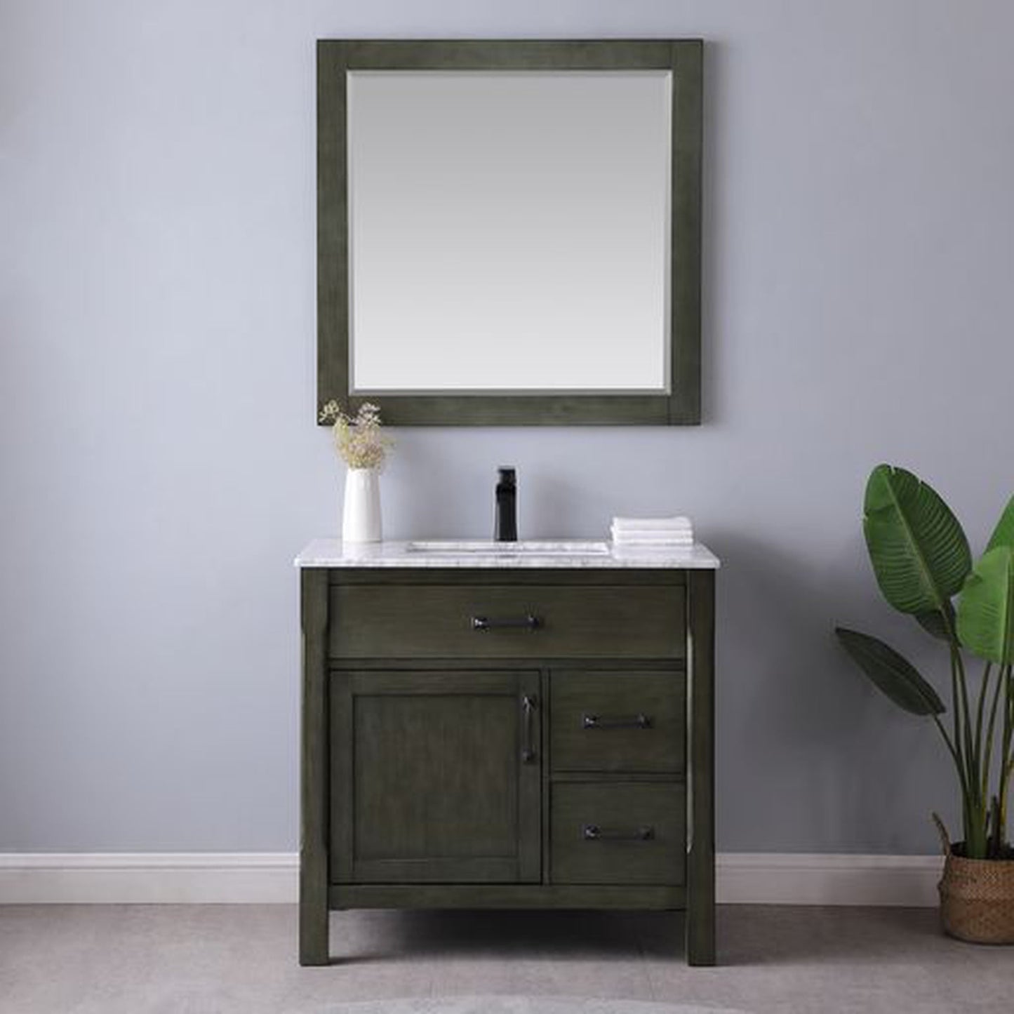 Altair Maribella 36" Single Rust Black Freestanding Bathroom Vanity Set With Natural Carrara White Marble Top, Rectangular Undermount Ceramic Sink, and Overflow
