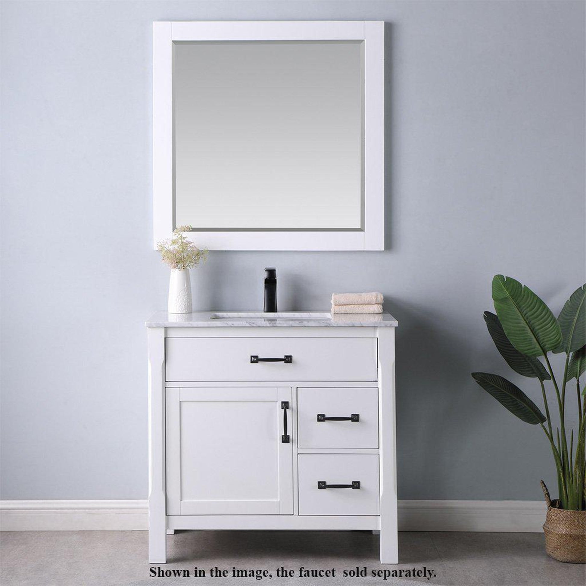 Altair Maribella 36" Single White Freestanding Bathroom Vanity Set With Mirror, Natural Carrara White Marble Top, Rectangular Undermount Ceramic Sink, and Overflow
