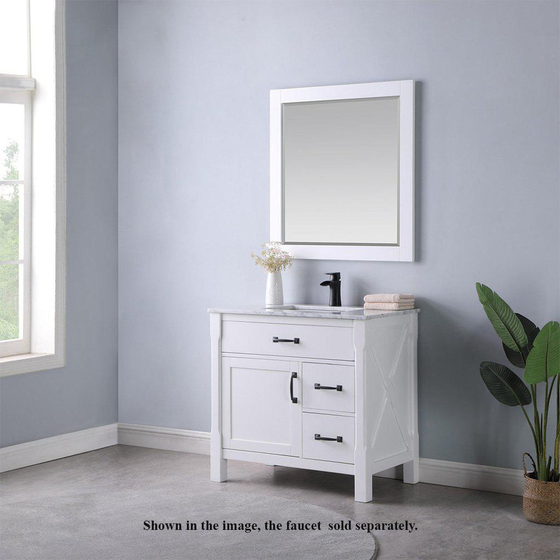 Altair Maribella 36" Single White Freestanding Bathroom Vanity Set With Mirror, Natural Carrara White Marble Top, Rectangular Undermount Ceramic Sink, and Overflow