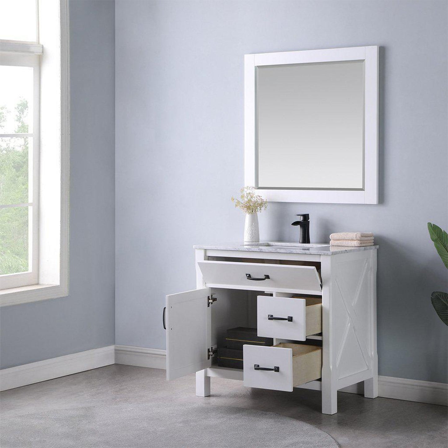 Altair Maribella 36" Single White Freestanding Bathroom Vanity Set With Mirror, Natural Carrara White Marble Top, Rectangular Undermount Ceramic Sink, and Overflow