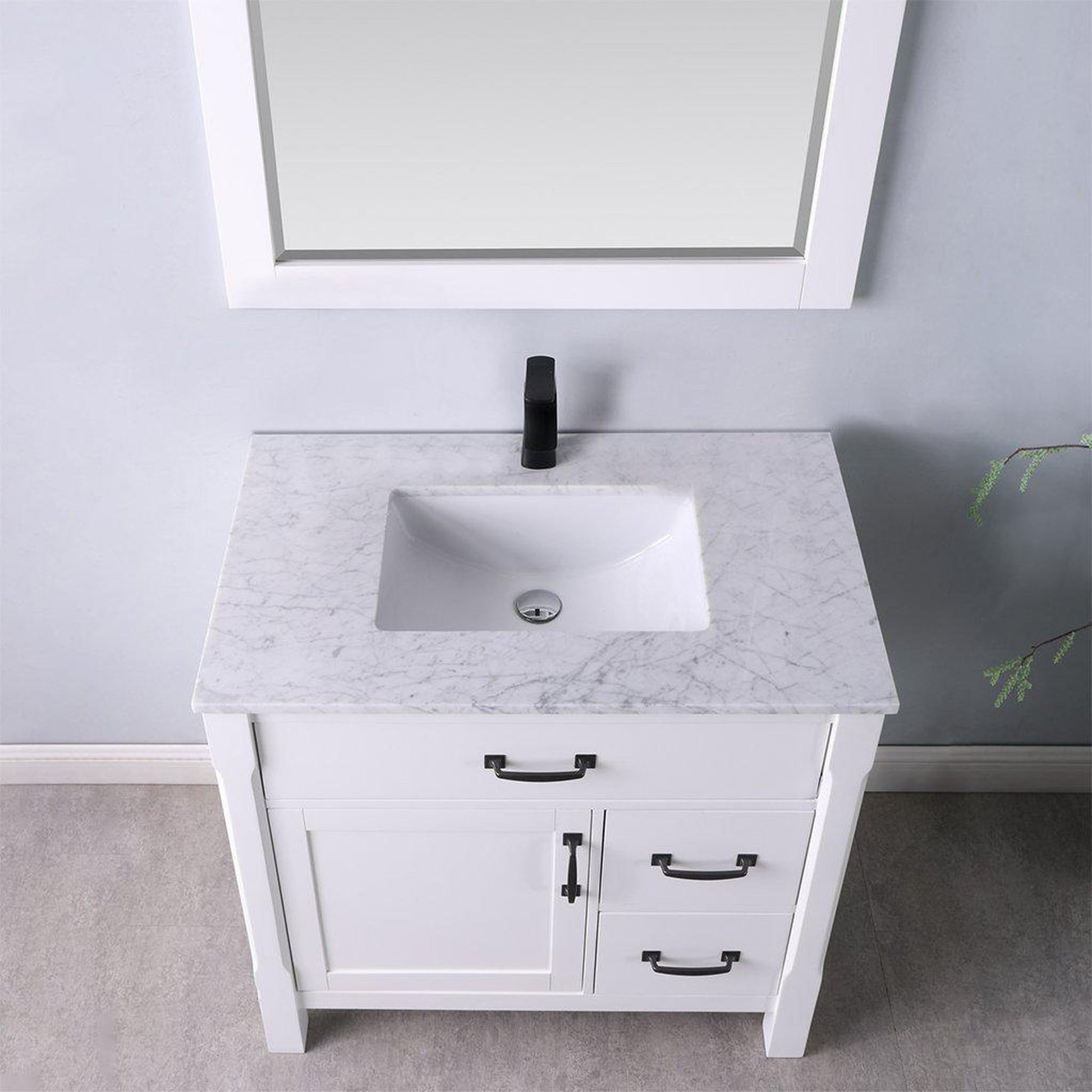 Altair Maribella 36" Single White Freestanding Bathroom Vanity Set With Mirror, Natural Carrara White Marble Top, Rectangular Undermount Ceramic Sink, and Overflow