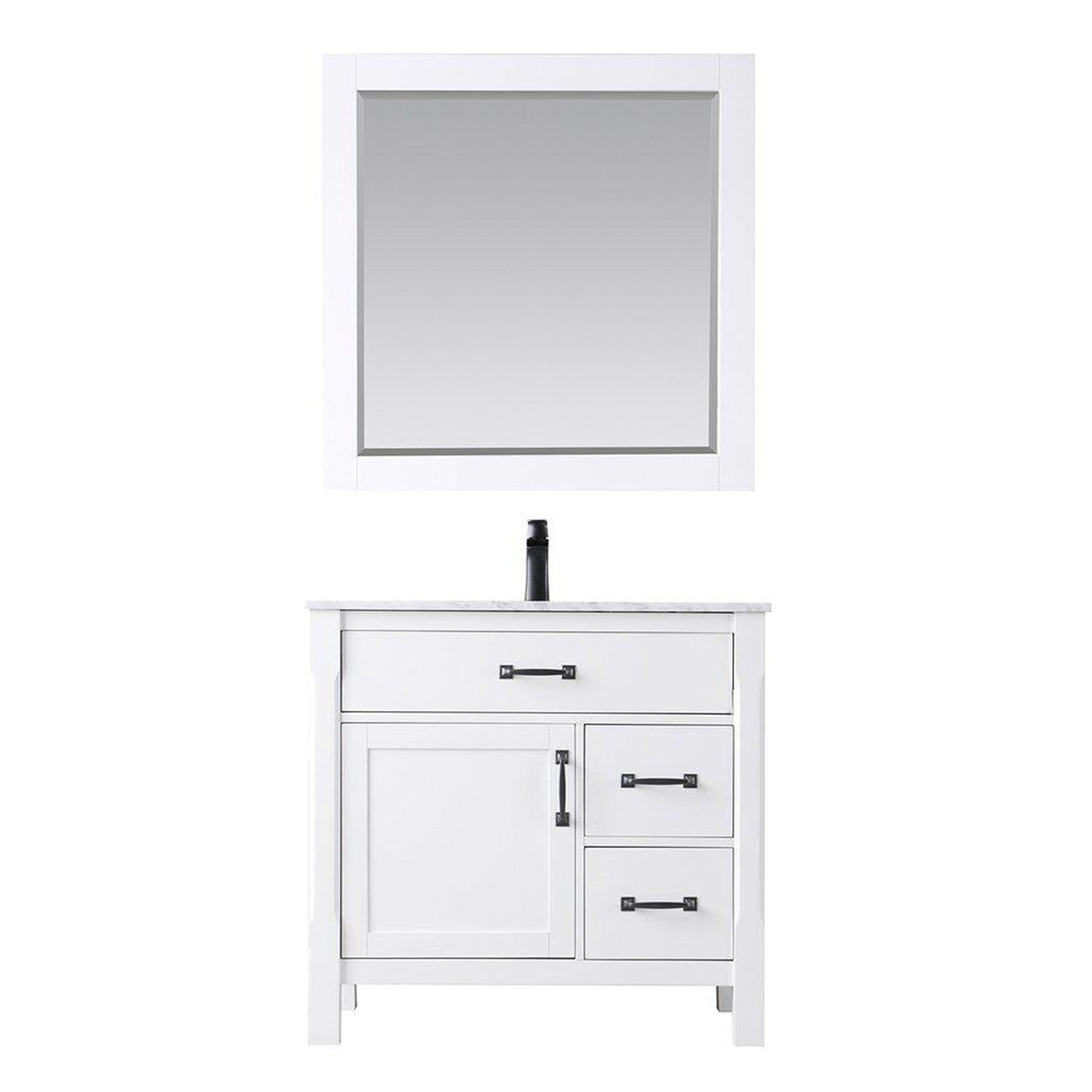 Altair Maribella 36" Single White Freestanding Bathroom Vanity Set With Mirror, Natural Carrara White Marble Top, Rectangular Undermount Ceramic Sink, and Overflow