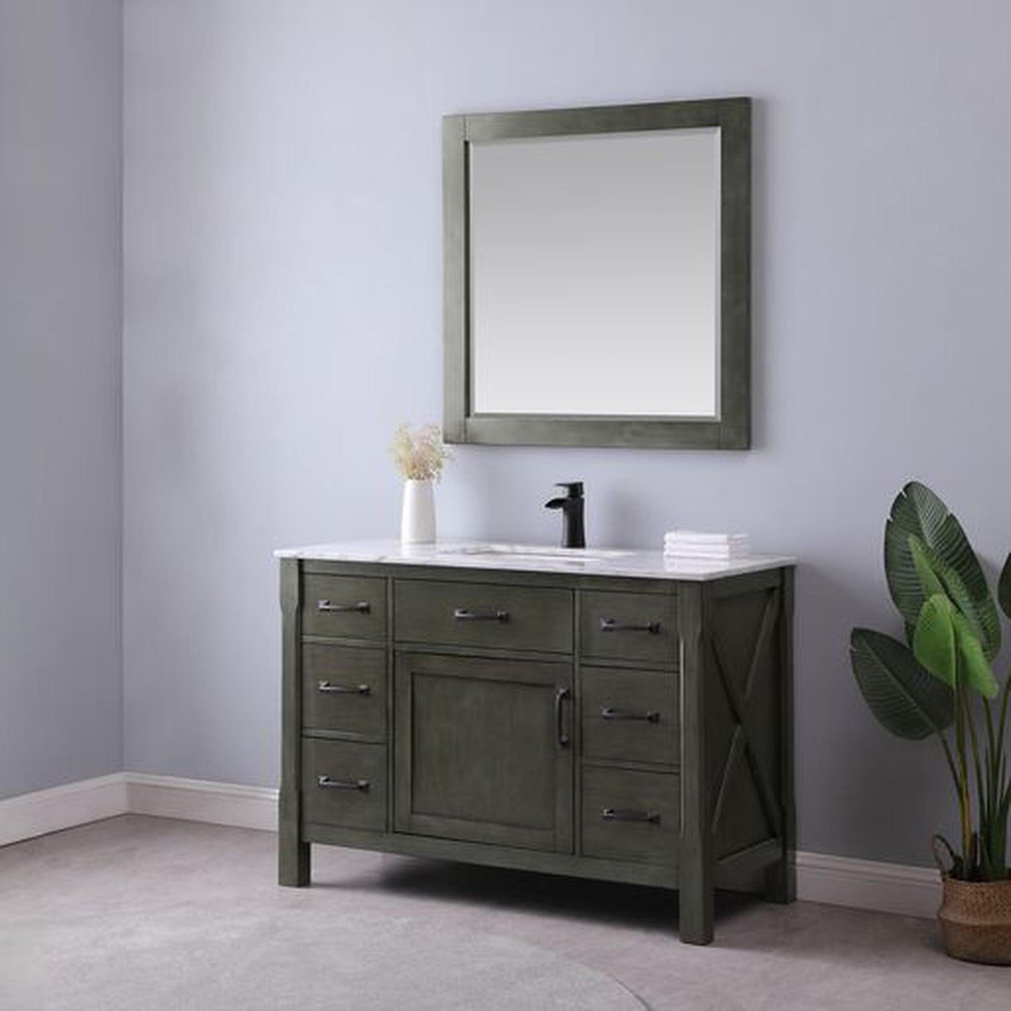 Altair Maribella 48" Single Rust Black Freestanding Bathroom Vanity Set With Mirror, Natural Carrara White Marble Top, Rectangular Undermount Ceramic Sink, and Overflow