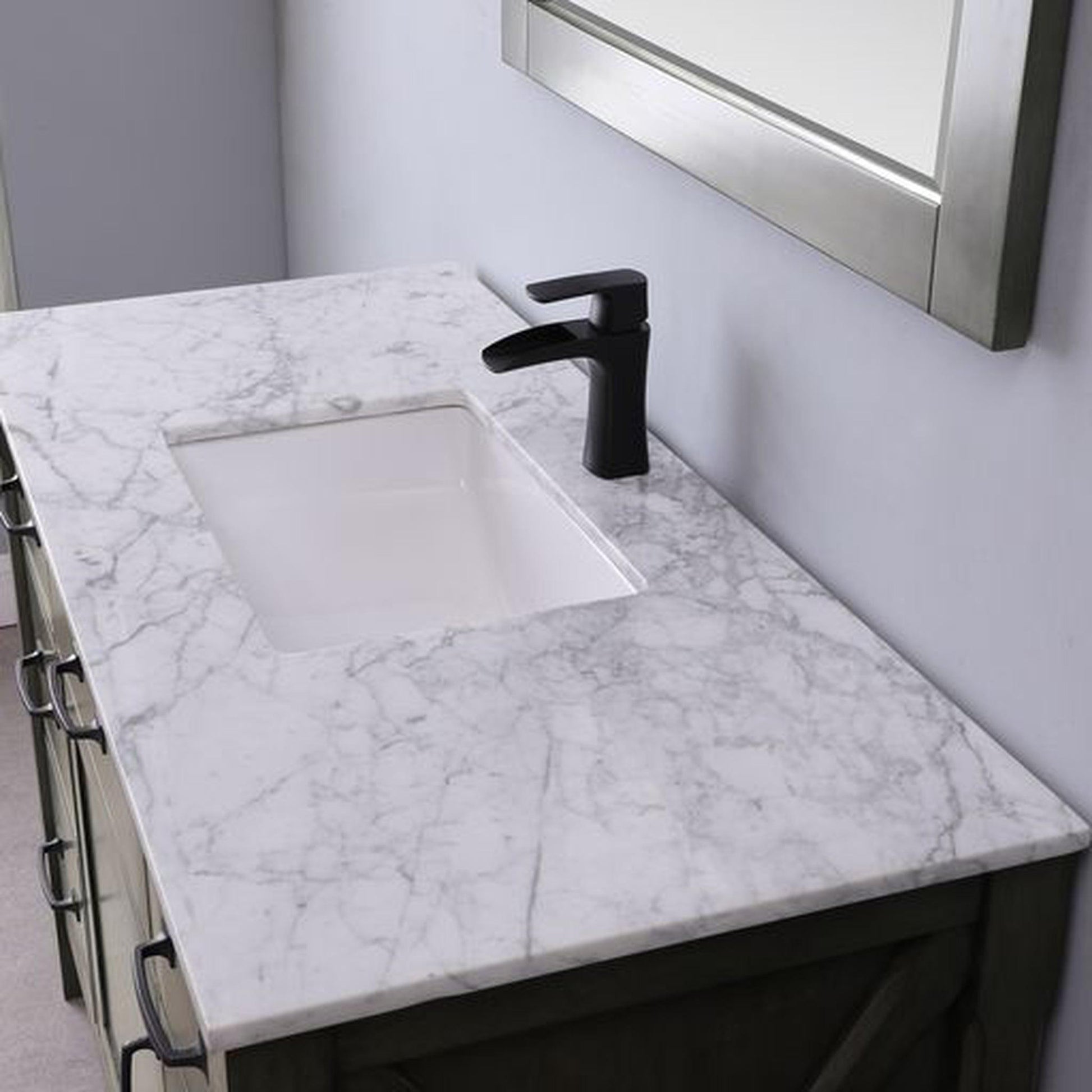 Altair Maribella 48" Single Rust Black Freestanding Bathroom Vanity Set With Mirror, Natural Carrara White Marble Top, Rectangular Undermount Ceramic Sink, and Overflow