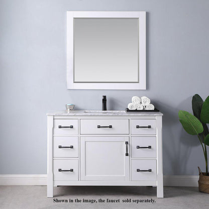 Altair Maribella 48" Single White Freestanding Bathroom Vanity Set With Mirror, Natural Carrara White Marble Top, Rectangular Undermount Ceramic Sink, and Overflow