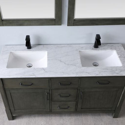 Altair Maribella 60" Double Rust Black Freestanding Bathroom Vanity Set With Mirror, Natural Carrara White Marble Top, Rectangular Undermount Ceramic Sink, and Overflow