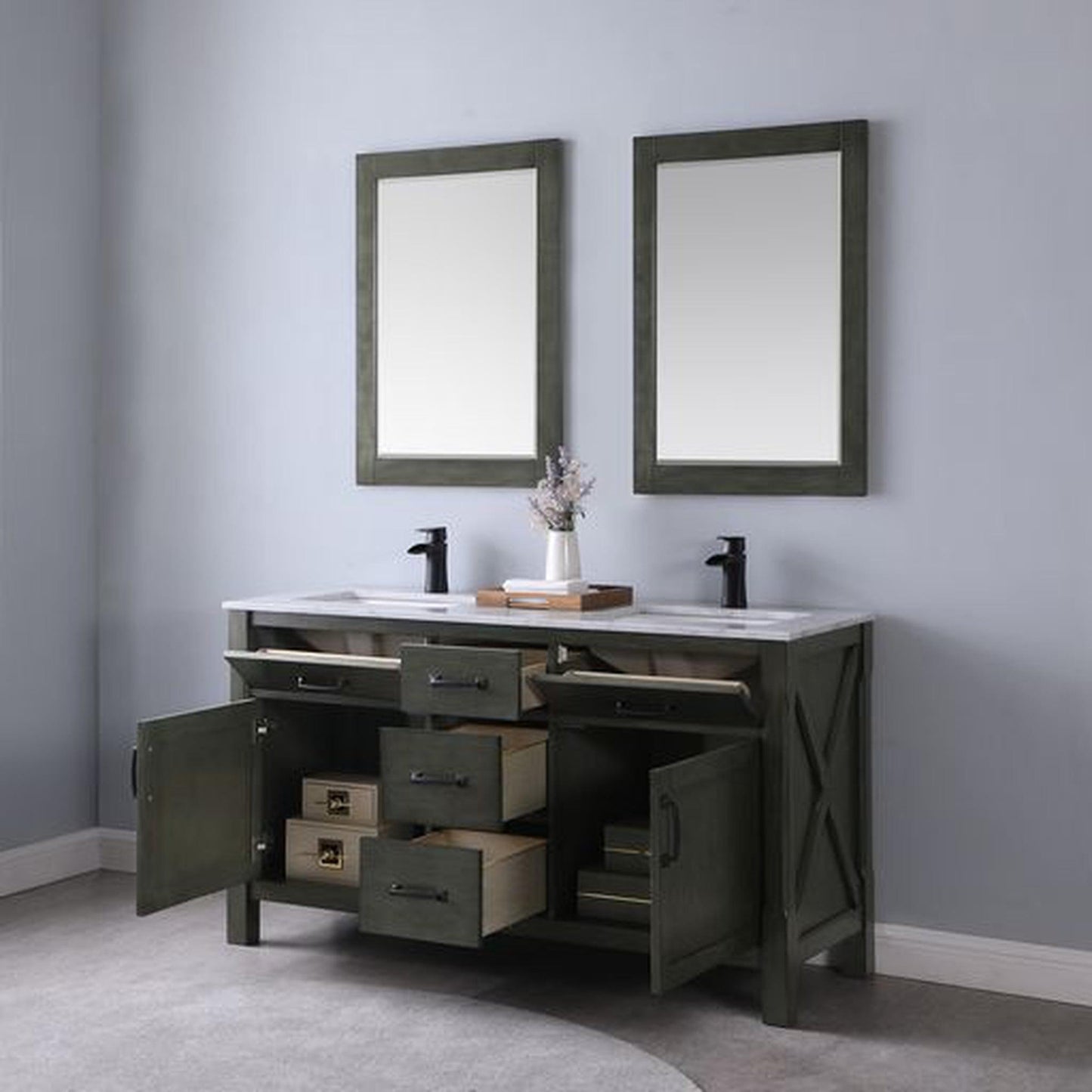 Altair Maribella 60" Double Rust Black Freestanding Bathroom Vanity Set With Mirror, Natural Carrara White Marble Top, Rectangular Undermount Ceramic Sink, and Overflow