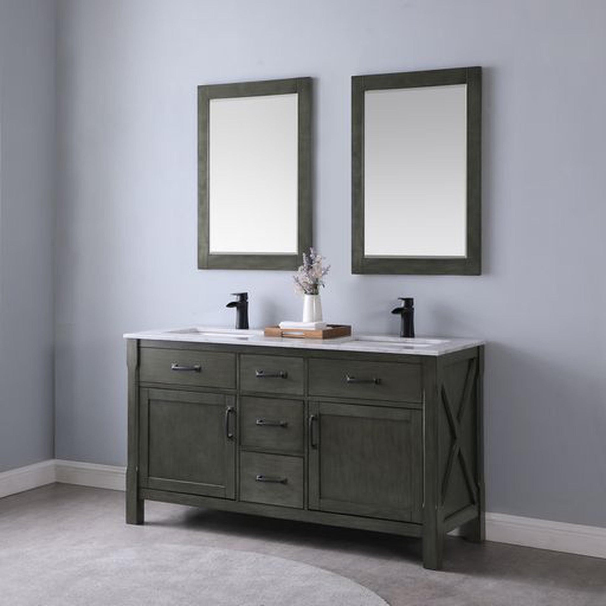 Altair Maribella 60" Double Rust Black Freestanding Bathroom Vanity Set With Natural Carrara White Marble Top, Rectangular Undermount Ceramic Sink, and Overflow