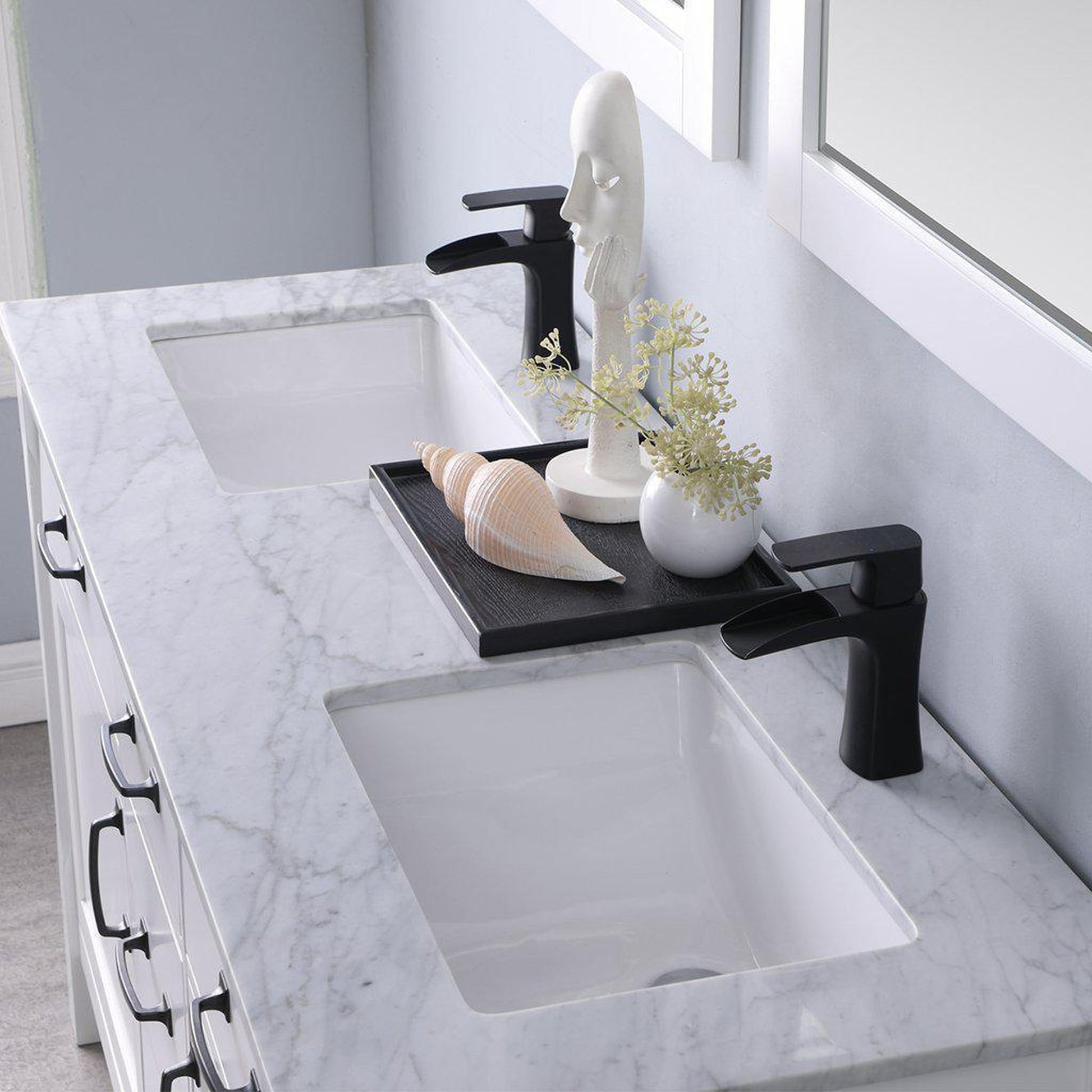 Altair Maribella 60" Double White Freestanding Bathroom Vanity Set With Mirror, Natural Carrara White Marble Top, Rectangular Undermount Ceramic Sink, and Overflow